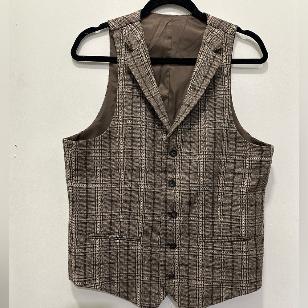 Wool Blend Plaid Vest - Brown Sz L - Picture 2 of 8